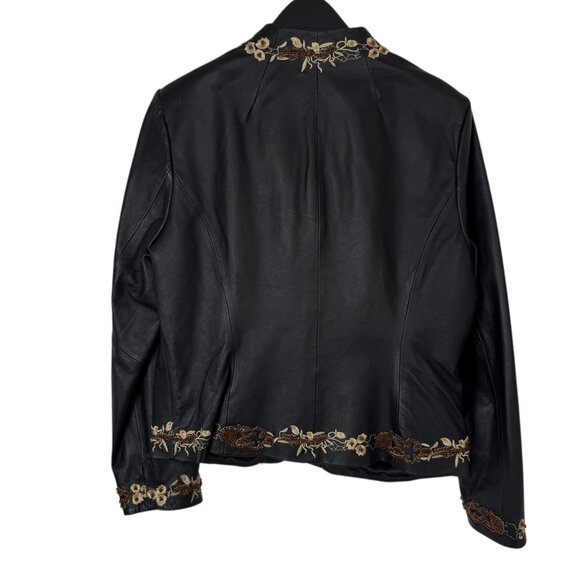 Pamela McCoy Black Leather Jacket Embroidery Beaded Women's Medium Boho Casual - Picture 6 of 13